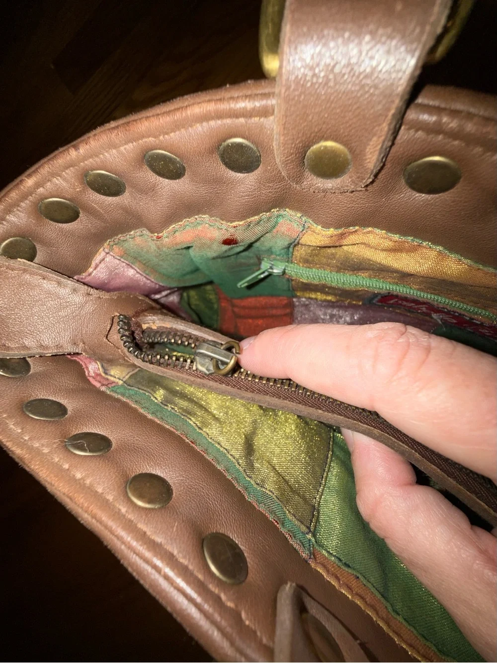 Isabella Fiore Brown Woven Shoulder Bag Beaded Mandala Pink & Green